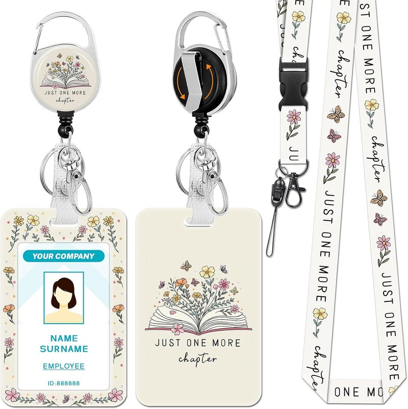 Hancynir Book Floral Lanyards for Id Badges, Cute Flower Badge Holder with Retractable Reel Clip, Work Name Tags Keychain Lanyard with ID Holder, Card Protector for Women Teacher Student Office Gifts - Image 1